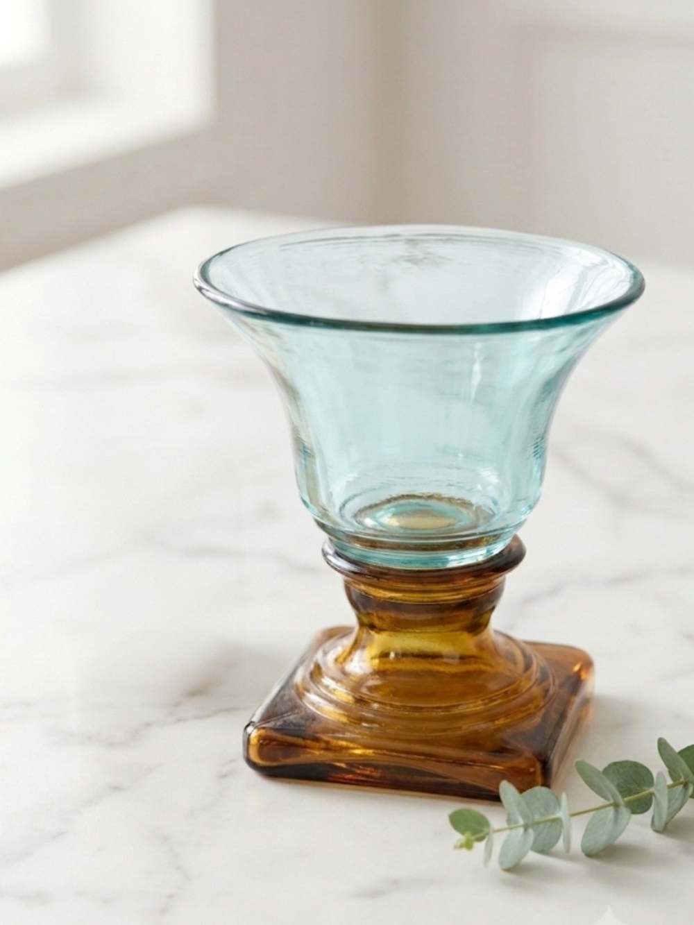 MCM Aqua and Amber Glass Pedestal Vase
